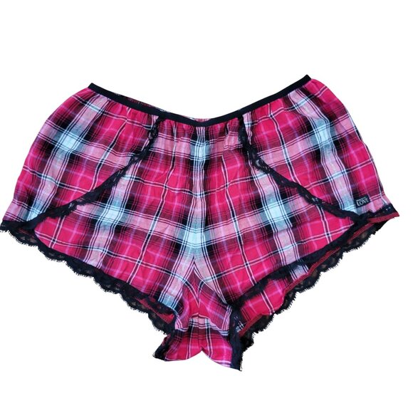 Victorias Secret L Red Plaid 2 Piece Pajama Set Lace Trim Shirt Shorts - Picture 5 of 13